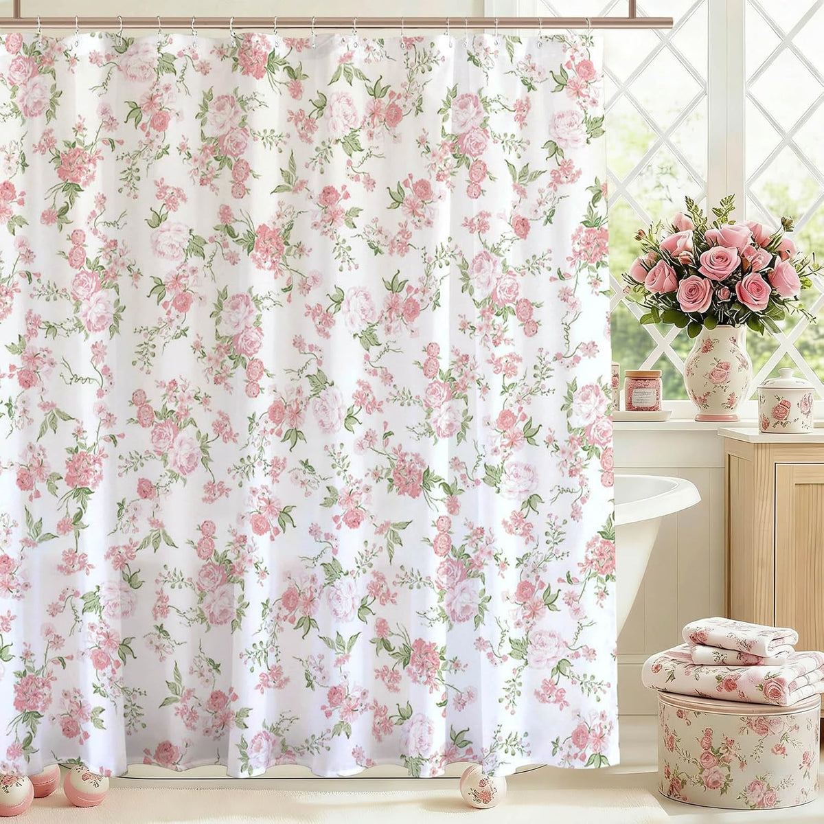 Floral Shower Curtain Pink Flowers Bathroom Shower Curtain Spring Pink Floral Waterproof Fabric Shower Curtains Bathtub Decor with 12 Hooks 72 X 72 Inch (Pink)