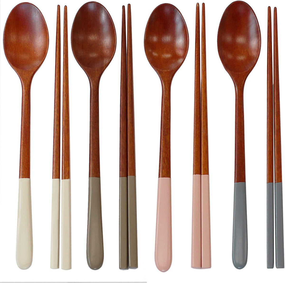 Korea Style Spoon and Chopsticks Set, 4 set lacquer Wooden Chopsticks Spoon (beige+pink+ivory+gray)