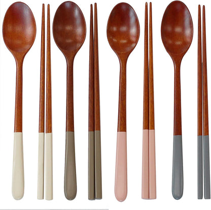 Korea Style Spoon and Chopsticks Set, 4 set lacquer Wooden Chopsticks Spoon (beige+pink+ivory+gray)