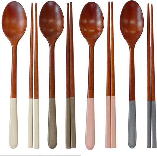 Korea Style Spoon and Chopsticks Set, 4 set lacquer Wooden Chopsticks Spoon (beige+pink+ivory+gray)