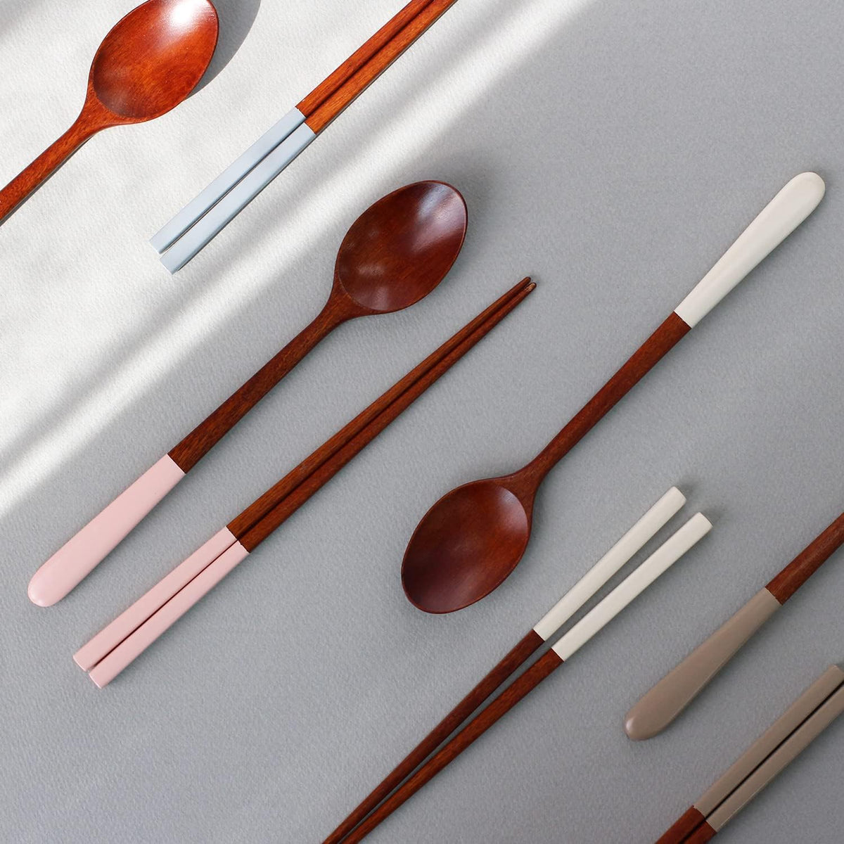 Korea Style Spoon and Chopsticks Set, 4 set lacquer Wooden Chopsticks Spoon (beige+pink+ivory+gray)
