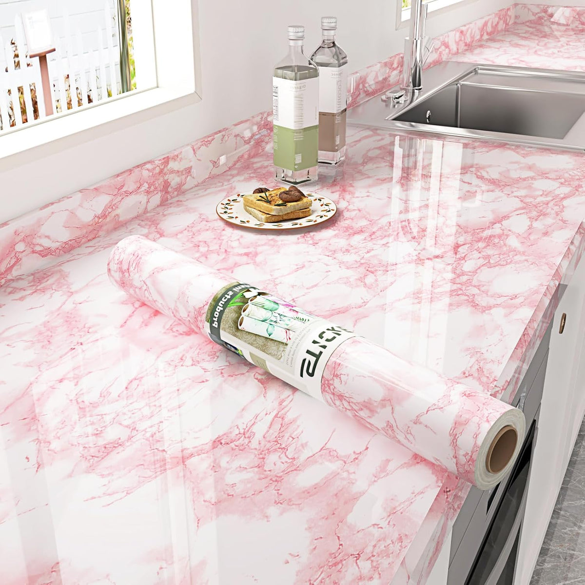 Gloosy Pink Marble Contact Paper Peel and Stick Countertops Waterproof Contact Paper Granite Vinyl Wrap Oil Proof Pink Marble Wallpaper for Vanity Table Dresser Desk Shelf Liner 17.7"x120"