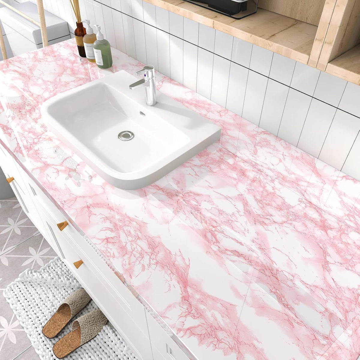 Gloosy Pink Marble Contact Paper Peel and Stick Countertops Waterproof Contact Paper Granite Vinyl Wrap Oil Proof Pink Marble Wallpaper for Vanity Table Dresser Desk Shelf Liner 17.7"x120"