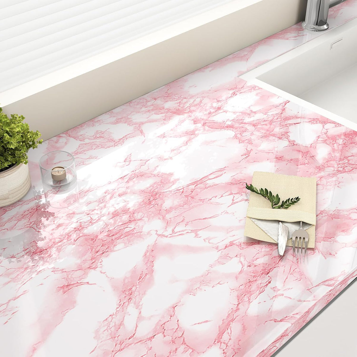 Gloosy Pink Marble Contact Paper Peel and Stick Countertops Waterproof Contact Paper Granite Vinyl Wrap Oil Proof Pink Marble Wallpaper for Vanity Table Dresser Desk Shelf Liner 17.7"x120"