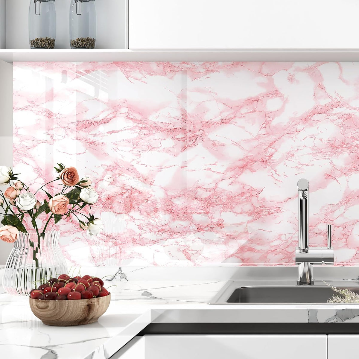 Gloosy Pink Marble Contact Paper Peel and Stick Countertops Waterproof Contact Paper Granite Vinyl Wrap Oil Proof Pink Marble Wallpaper for Vanity Table Dresser Desk Shelf Liner 17.7"x120"