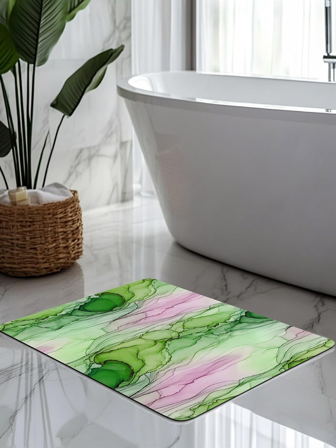 Green Pink Ink Marble Stone Bath Mat, Nautical Water Ripples Abstract 18" x 30" Super Absorbent, Dries Quickly, Non-Slip Diatomaceous Earth Bath Mats for Bathroom Kitchen Laundry