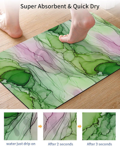 Green Pink Ink Marble Stone Bath Mat, Nautical Water Ripples Abstract 18" x 30" Super Absorbent, Dries Quickly, Non-Slip Diatomaceous Earth Bath Mats for Bathroom Kitchen Laundry