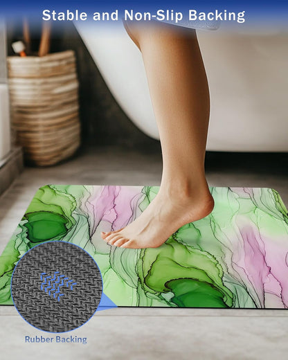 Green Pink Ink Marble Stone Bath Mat, Nautical Water Ripples Abstract 18" x 30" Super Absorbent, Dries Quickly, Non-Slip Diatomaceous Earth Bath Mats for Bathroom Kitchen Laundry