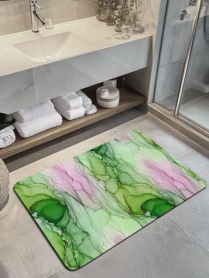 Green Pink Ink Marble Stone Bath Mat, Nautical Water Ripples Abstract 18" x 30" Super Absorbent, Dries Quickly, Non-Slip Diatomaceous Earth Bath Mats for Bathroom Kitchen Laundry