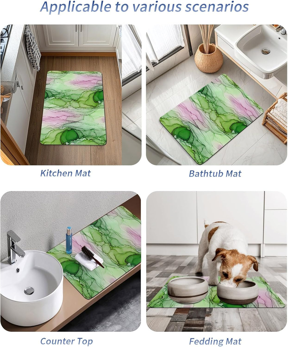 Green Pink Ink Marble Stone Bath Mat, Nautical Water Ripples Abstract 18" x 30" Super Absorbent, Dries Quickly, Non-Slip Diatomaceous Earth Bath Mats for Bathroom Kitchen Laundry