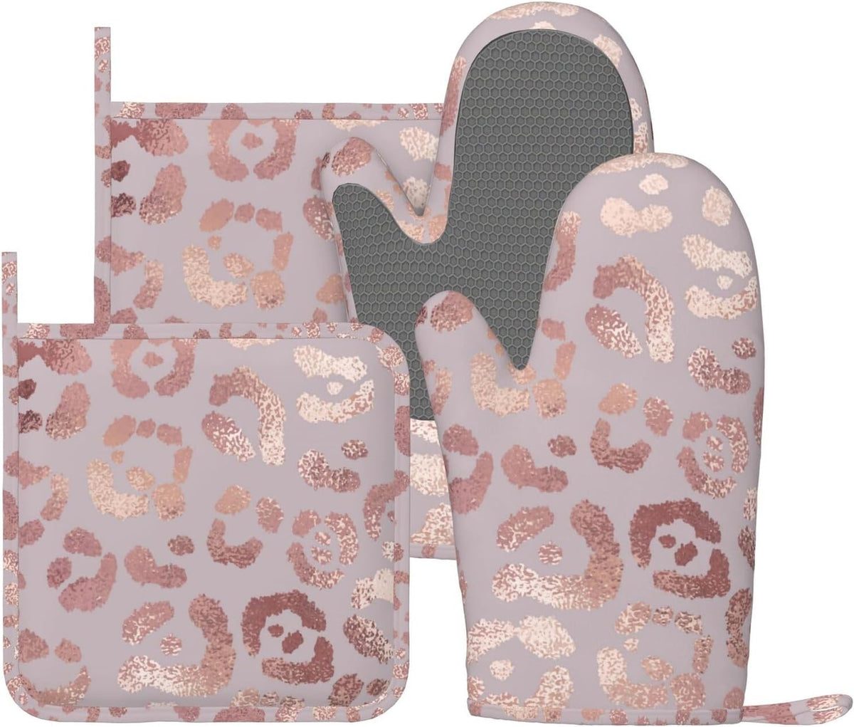 Leopard Print Rose Gold Oven Mitts and Pot Holders Sets of 4, Heat Resistant Silicone Oven Mittens and Potholders Gloves Hot Pads for Kitchen Cooking Baking Grilling BBQ Chef