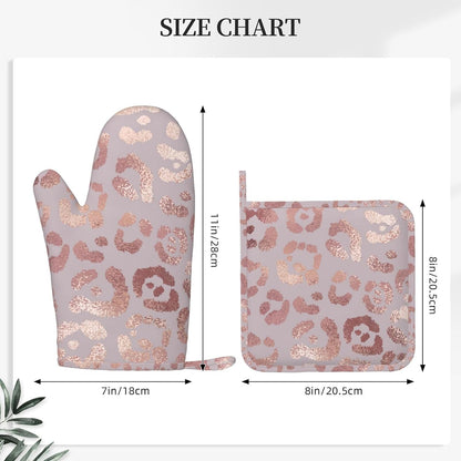 Leopard Print Rose Gold Oven Mitts and Pot Holders Sets of 4, Heat Resistant Silicone Oven Mittens and Potholders Gloves Hot Pads for Kitchen Cooking Baking Grilling BBQ Chef