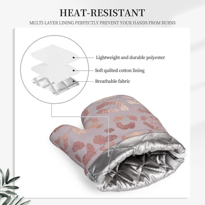 Leopard Print Rose Gold Oven Mitts and Pot Holders Sets of 4, Heat Resistant Silicone Oven Mittens and Potholders Gloves Hot Pads for Kitchen Cooking Baking Grilling BBQ Chef