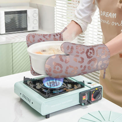 Leopard Print Rose Gold Oven Mitts and Pot Holders Sets of 4, Heat Resistant Silicone Oven Mittens and Potholders Gloves Hot Pads for Kitchen Cooking Baking Grilling BBQ Chef