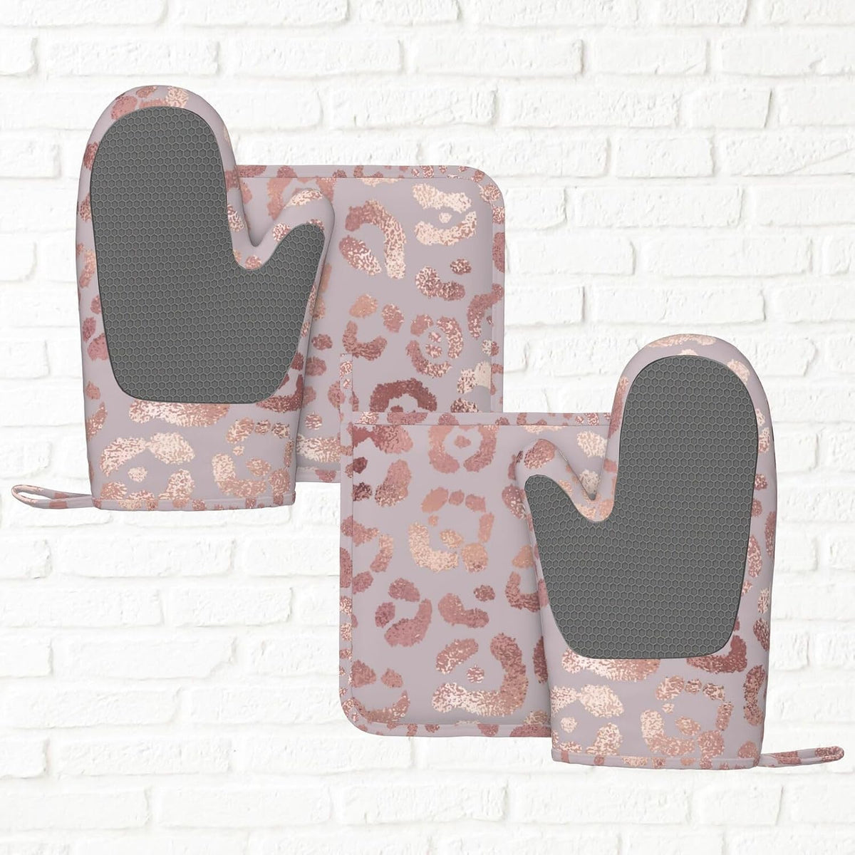 Leopard Print Rose Gold Oven Mitts and Pot Holders Sets of 4, Heat Resistant Silicone Oven Mittens and Potholders Gloves Hot Pads for Kitchen Cooking Baking Grilling BBQ Chef