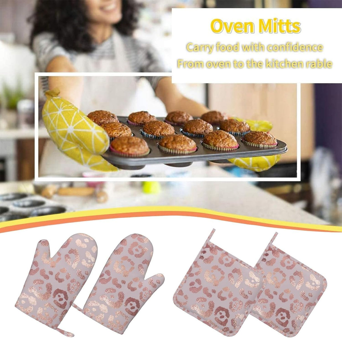 Leopard Print Rose Gold Oven Mitts and Pot Holders Sets of 4, Heat Resistant Silicone Oven Mittens and Potholders Gloves Hot Pads for Kitchen Cooking Baking Grilling BBQ Chef