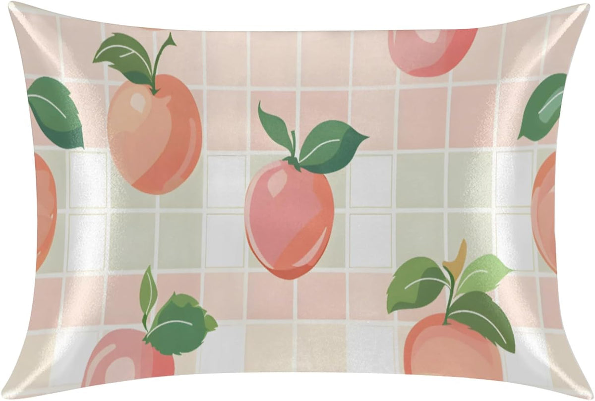 Fruit Peach Satin Pillowcase for Hair and Skin Pink Buffalo Plaid Pillow Cases Standard Size Soft Cooling Satin Pillow Covers with Zipper for Men Women 20x26 Inches