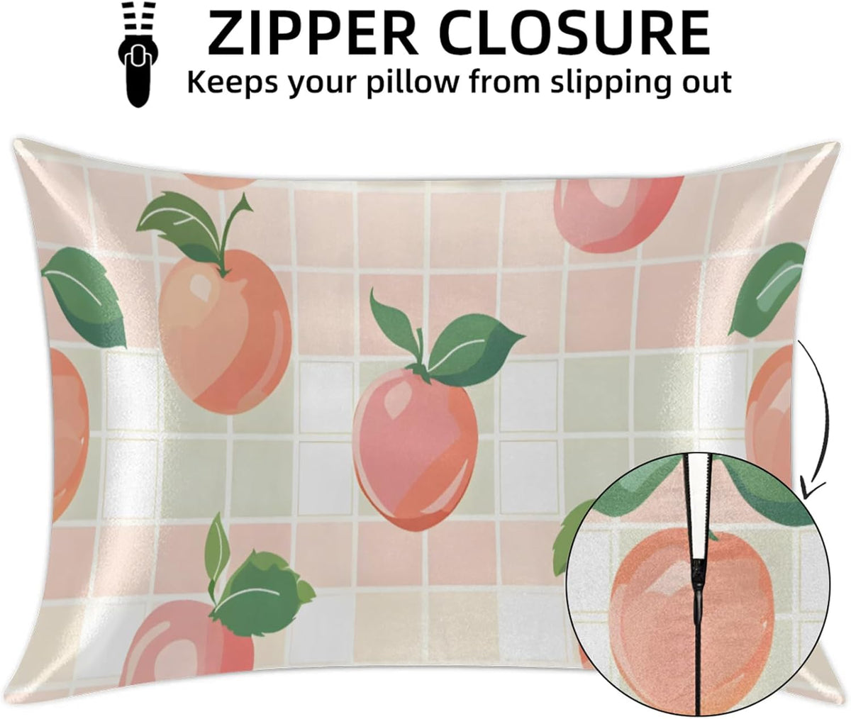 Fruit Peach Satin Pillowcase for Hair and Skin Pink Buffalo Plaid Pillow Cases Standard Size Soft Cooling Satin Pillow Covers with Zipper for Men Women 20x26 Inches