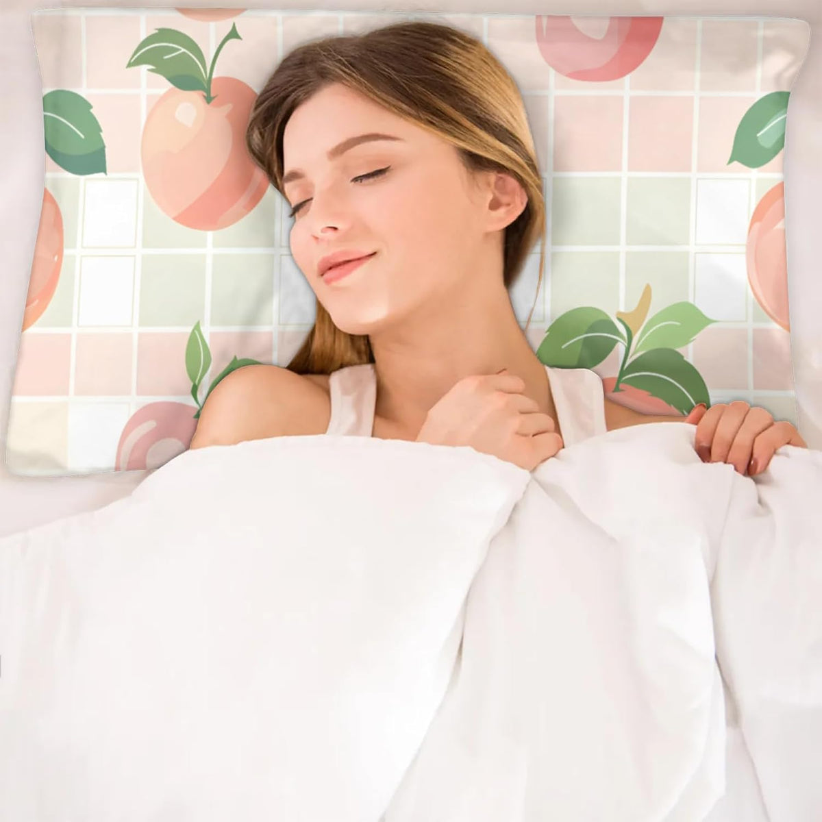 Fruit Peach Satin Pillowcase for Hair and Skin Pink Buffalo Plaid Pillow Cases Standard Size Soft Cooling Satin Pillow Covers with Zipper for Men Women 20x26 Inches