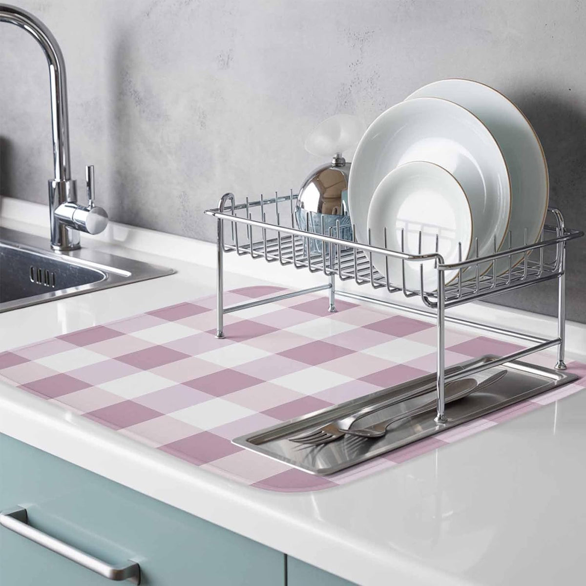 Dish Drying Mat Pink White Plaid Kitchen Counter Drying Pad for Dishes Glasses Cups and Cookware Simple Style Absorbent Dish Drying Mat Machine Washable Kitchen Accessories 16" x 18"