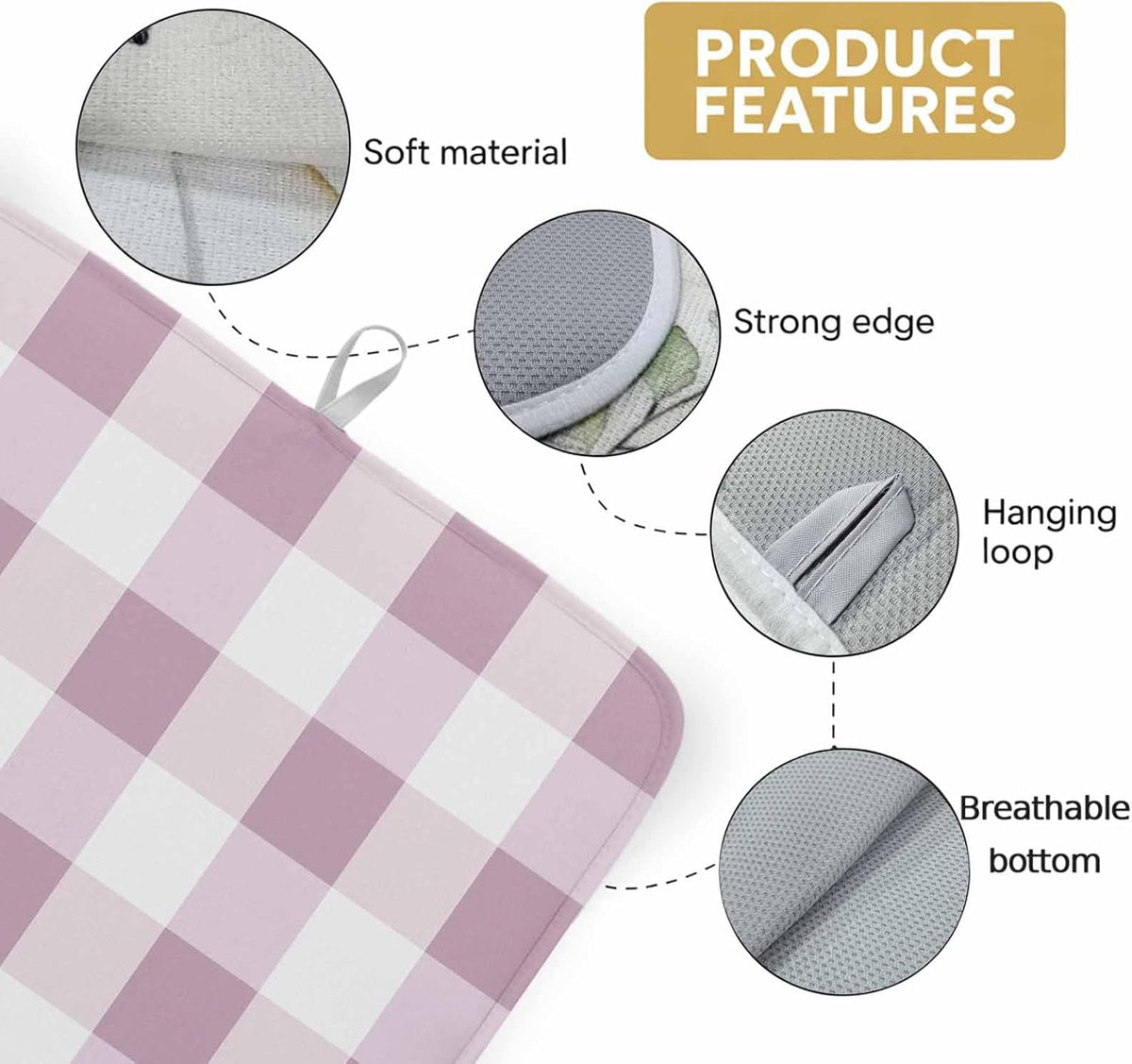 Dish Drying Mat Pink White Plaid Kitchen Counter Drying Pad for Dishes Glasses Cups and Cookware Simple Style Absorbent Dish Drying Mat Machine Washable Kitchen Accessories 16" x 18"