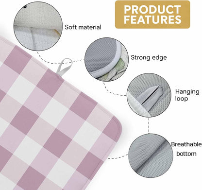 Dish Drying Mat Pink White Plaid Kitchen Counter Drying Pad for Dishes Glasses Cups and Cookware Simple Style Absorbent Dish Drying Mat Machine Washable Kitchen Accessories 16" x 18"
