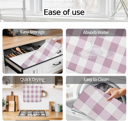 Dish Drying Mat Pink White Plaid Kitchen Counter Drying Pad for Dishes Glasses Cups and Cookware Simple Style Absorbent Dish Drying Mat Machine Washable Kitchen Accessories 16" x 18"