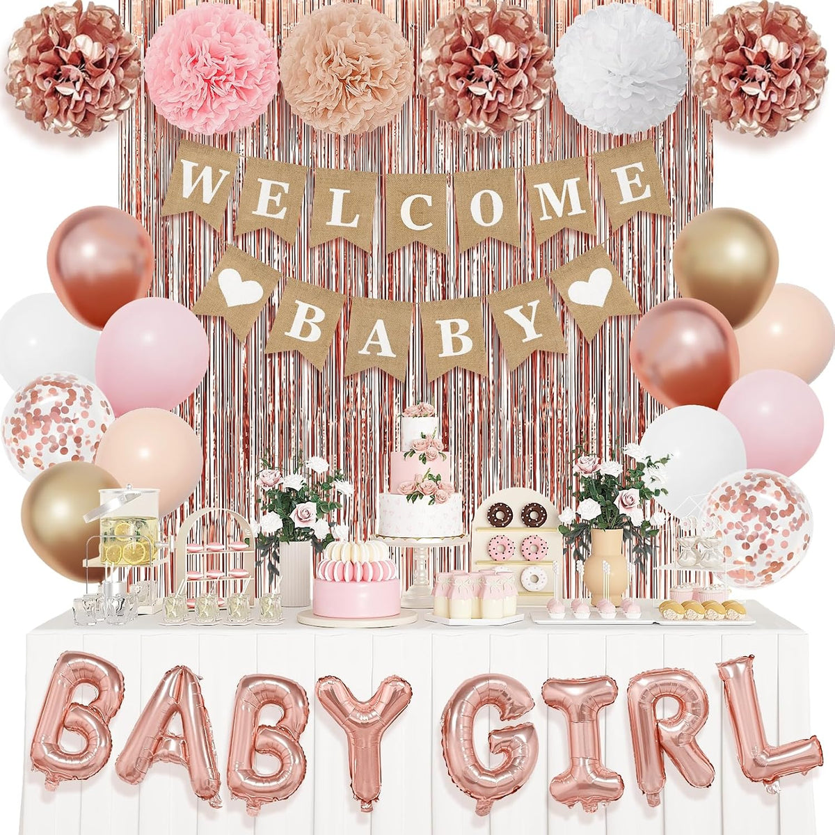 Rose Gold Baby Shower Decorations for Girls with Fringe Curtain