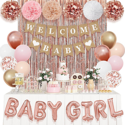 Rose Gold Baby Shower Decorations for Girls with Fringe Curtain