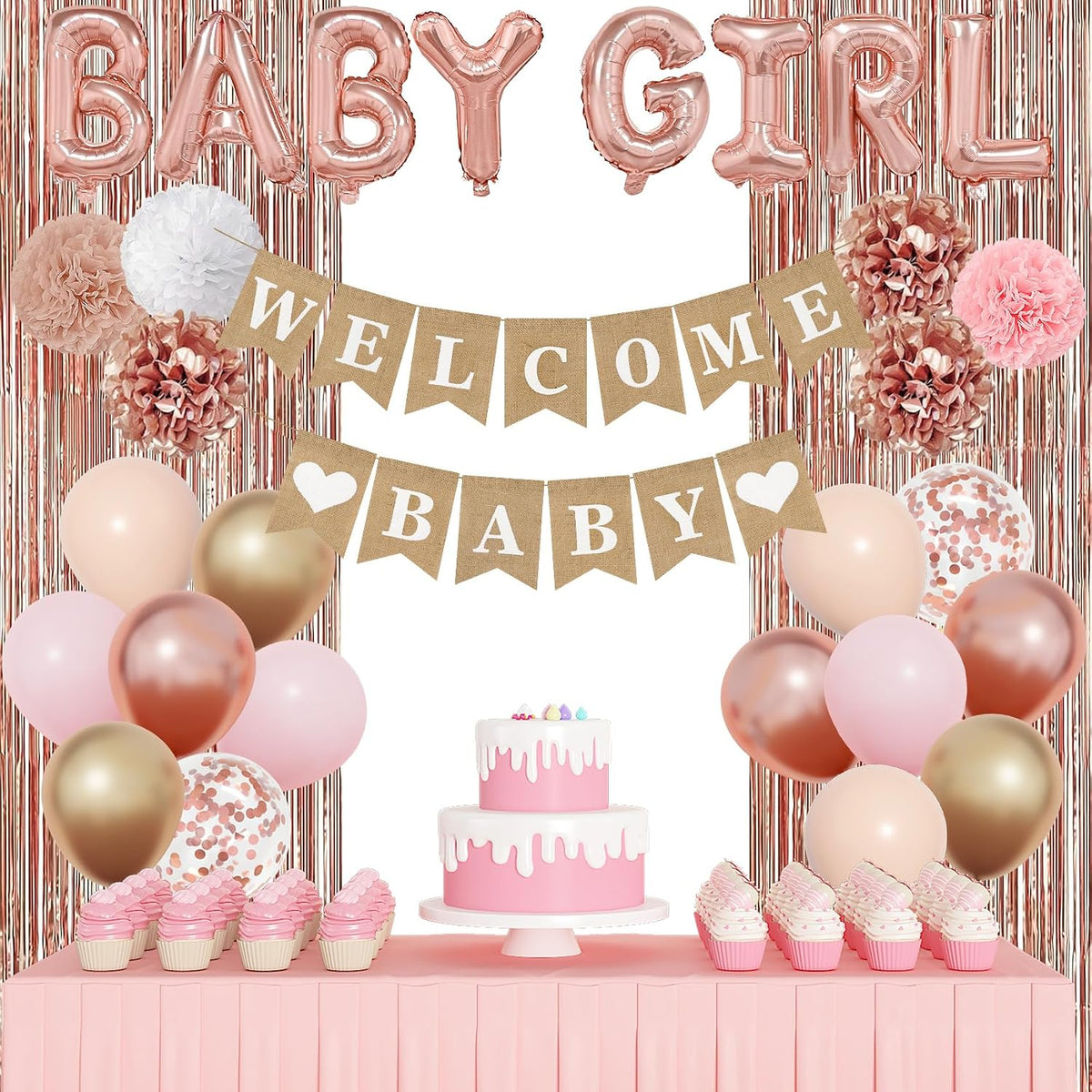 Rose Gold Baby Shower Decorations for Girls with Fringe Curtain