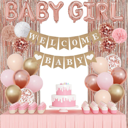 Rose Gold Baby Shower Decorations for Girls with Fringe Curtain