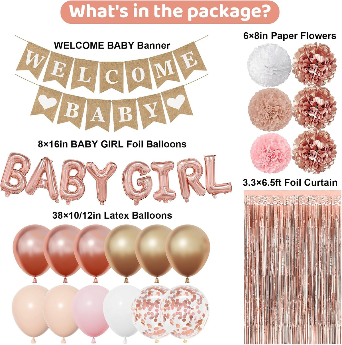 Rose Gold Baby Shower Decorations for Girls with Fringe Curtain