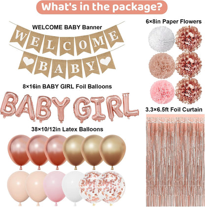 Rose Gold Baby Shower Decorations for Girls with Fringe Curtain