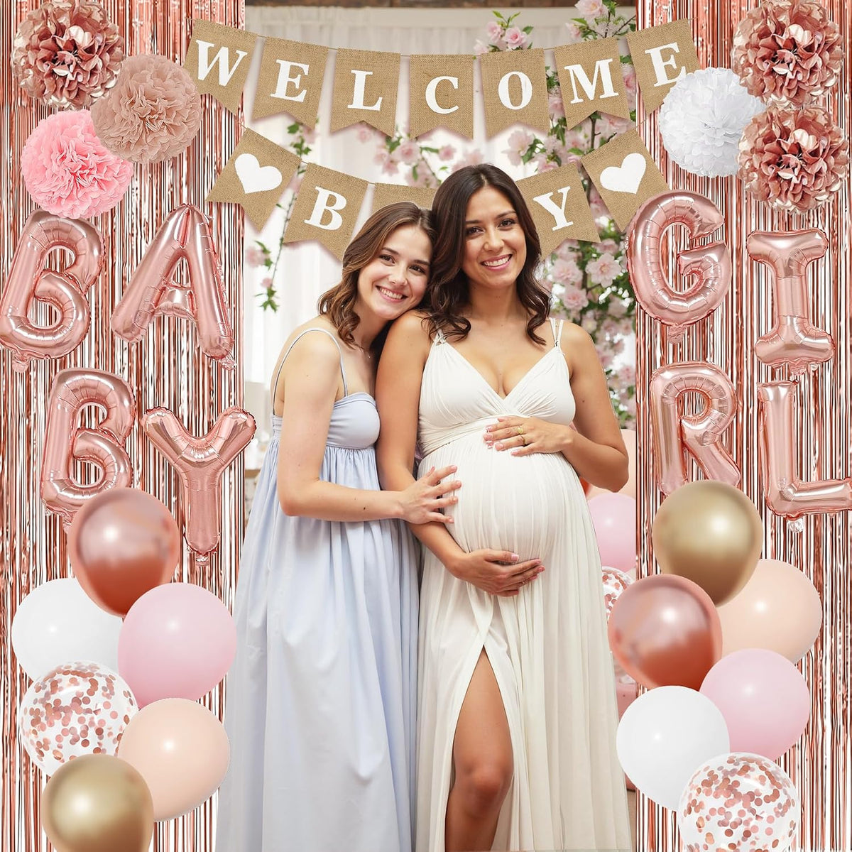 Rose Gold Baby Shower Decorations for Girls with Fringe Curtain