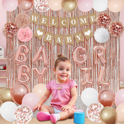 Rose Gold Baby Shower Decorations for Girls with Fringe Curtain