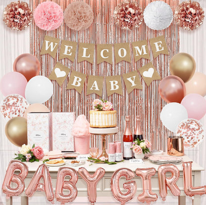 Rose Gold Baby Shower Decorations for Girls with Fringe Curtain