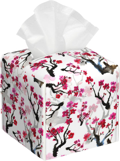 Leather Tissue Box Holder Pink Blooming Flowers Tissue Box Cover Square Waterproof Tissue Holder Organizer Modern Napkin Holder for Bedroom Dresser Night Stand Office Desk