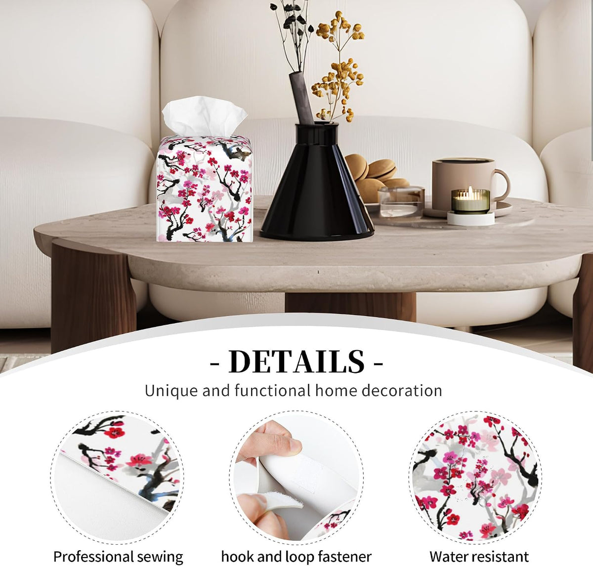 Leather Tissue Box Holder Pink Blooming Flowers Tissue Box Cover Square Waterproof Tissue Holder Organizer Modern Napkin Holder for Bedroom Dresser Night Stand Office Desk