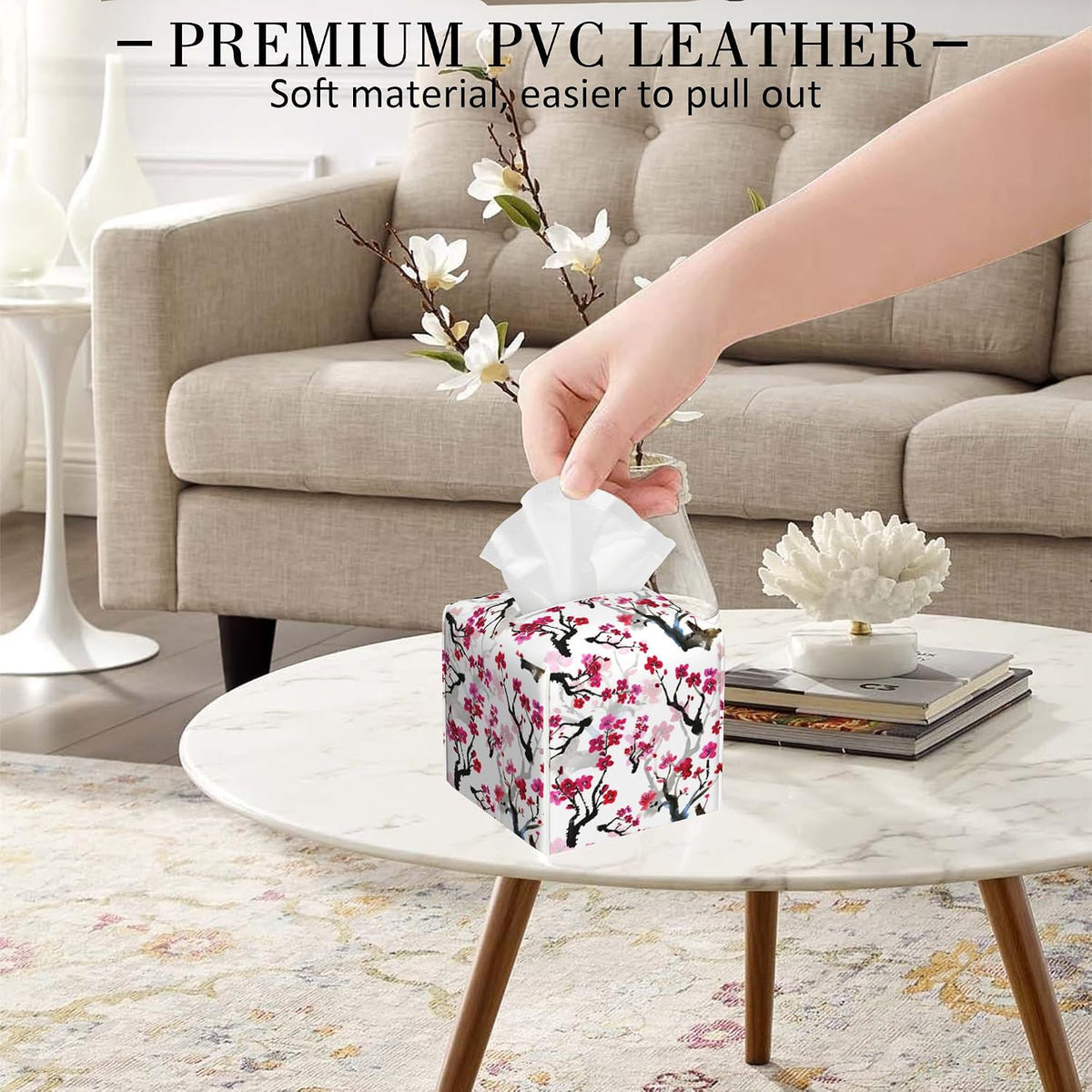 Leather Tissue Box Holder Pink Blooming Flowers Tissue Box Cover Square Waterproof Tissue Holder Organizer Modern Napkin Holder for Bedroom Dresser Night Stand Office Desk