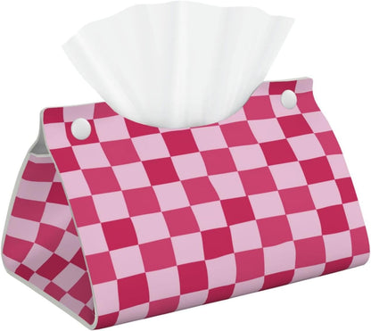 Pink Checkerboard Tissue Box Cover Long Leather Tissue Box Holder for Bathroom Bedroom Home Office Decor