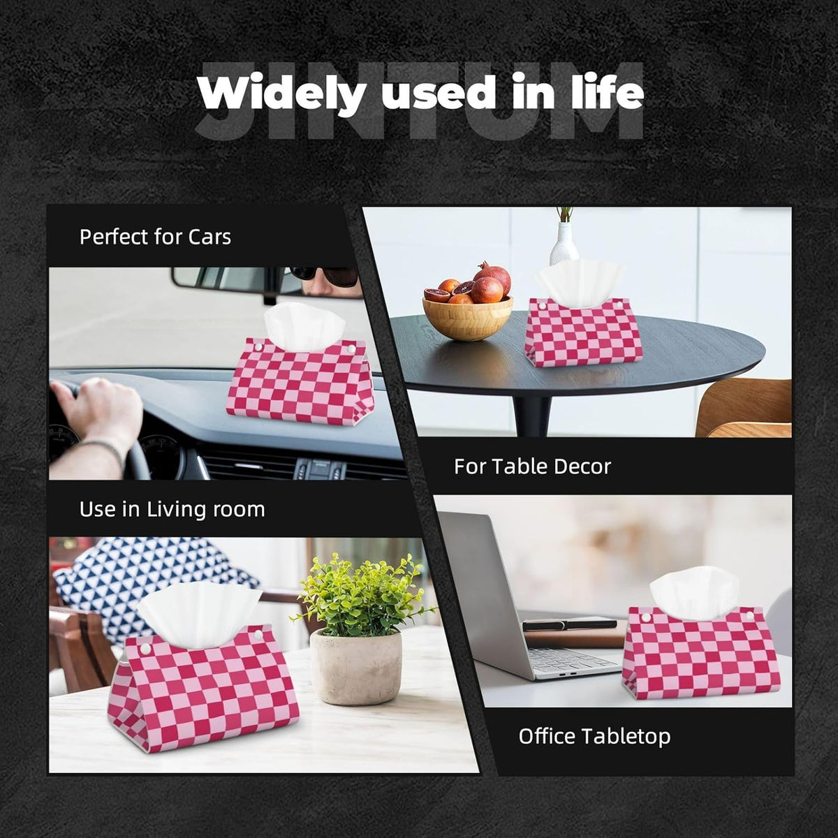 Pink Checkerboard Tissue Box Cover Long Leather Tissue Box Holder for Bathroom Bedroom Home Office Decor