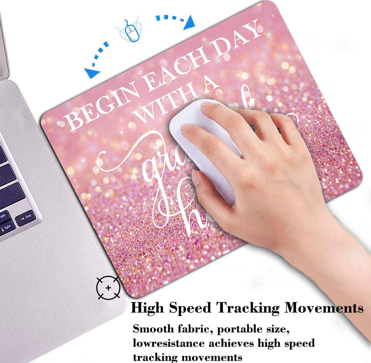 Begin Each Day with A Grateful Heart Quote Mouse Pad, Pink Glitter Desk Mat