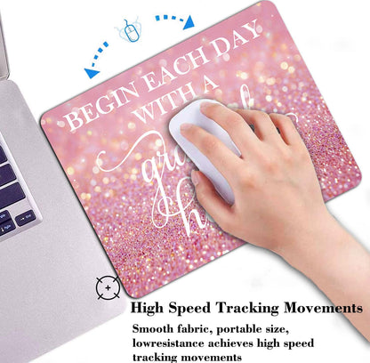 Begin Each Day with A Grateful Heart Quote Mouse Pad, Pink Glitter Desk Mat