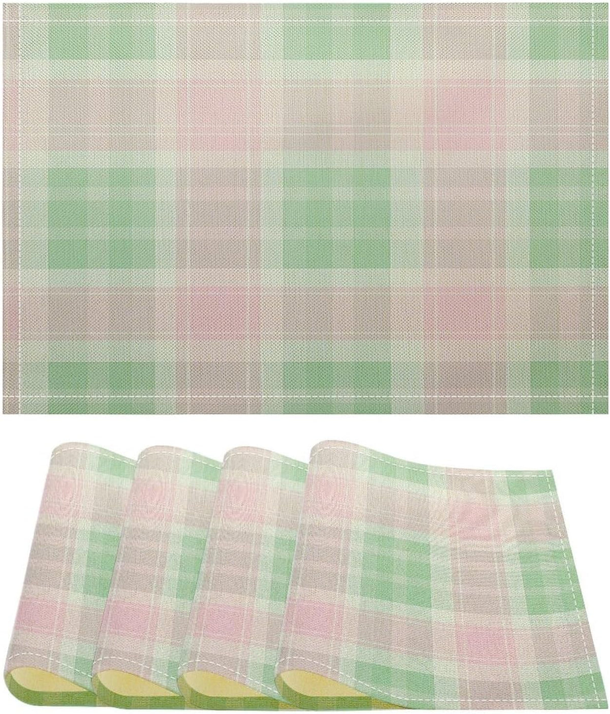 Cute Pastel Pink Green Retro Tartan Plaid Pattern Table Placemats Set of 4 Buffalo Check Plaid Non-Slip Heat Resistant Place Mats Dinner Mats Cotton Linen Table Mats Home Dinner Party Kitchen