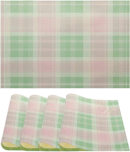 Cute Pastel Pink Green Retro Tartan Plaid Pattern Table Placemats Set of 4 Buffalo Check Plaid Non-Slip Heat Resistant Place Mats Dinner Mats Cotton Linen Table Mats Home Dinner Party Kitchen