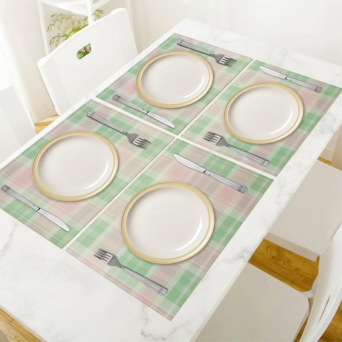 Cute Pastel Pink Green Retro Tartan Plaid Pattern Table Placemats Set of 4 Buffalo Check Plaid Non-Slip Heat Resistant Place Mats Dinner Mats Cotton Linen Table Mats Home Dinner Party Kitchen