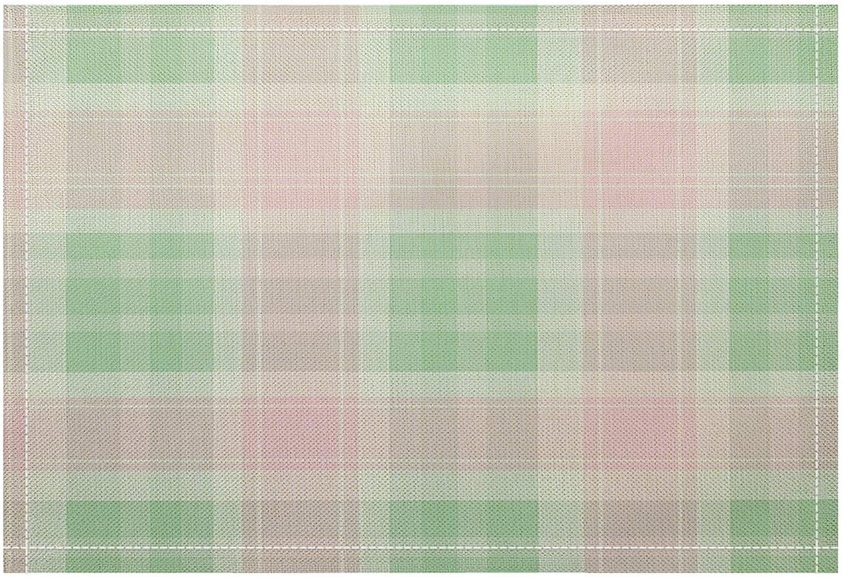 Cute Pastel Pink Green Retro Tartan Plaid Pattern Table Placemats Set of 4 Buffalo Check Plaid Non-Slip Heat Resistant Place Mats Dinner Mats Cotton Linen Table Mats Home Dinner Party Kitchen