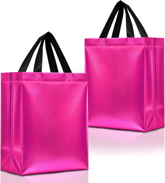 Hot Pink Gift Bags Medium Size – Set of 12 Shiny Pink Reusable Gift Bags With Handles - Ideal for Girls Birthday Party Favors, Baby Shower, Small Business – 8Wx4Dx10H Size