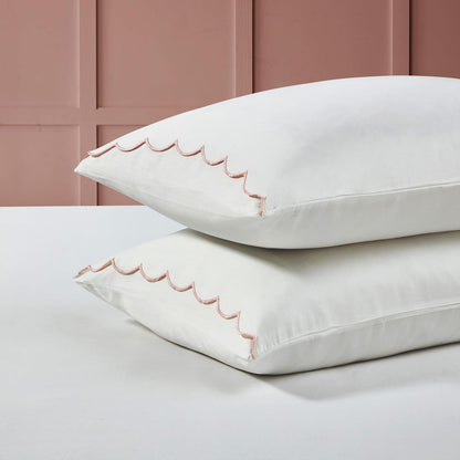 Standard Queen Size Pillow Cases, 2 Pack, Breathable Soft 300 TC 100% Cotton with Embroidered Scalloped Edge, Set of 2 Pillowcases, Standard/Queen, White with Pink Scallop