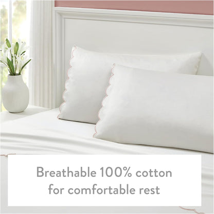 Standard Queen Size Pillow Cases, 2 Pack, Breathable Soft 300 TC 100% Cotton with Embroidered Scalloped Edge, Set of 2 Pillowcases, Standard/Queen, White with Pink Scallop